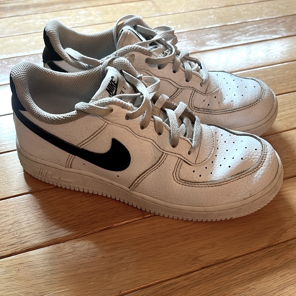 Nike-Air Force 1, Size 3Y (Grade School), Color-White with black swoosh